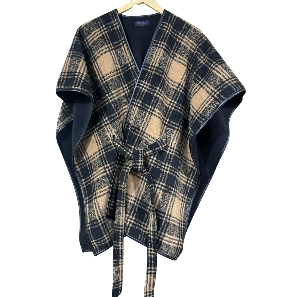 Rachel Roy Women's Plaid Cape Tan Black Shawl Wrap Open Front with‎ Belt SZ M